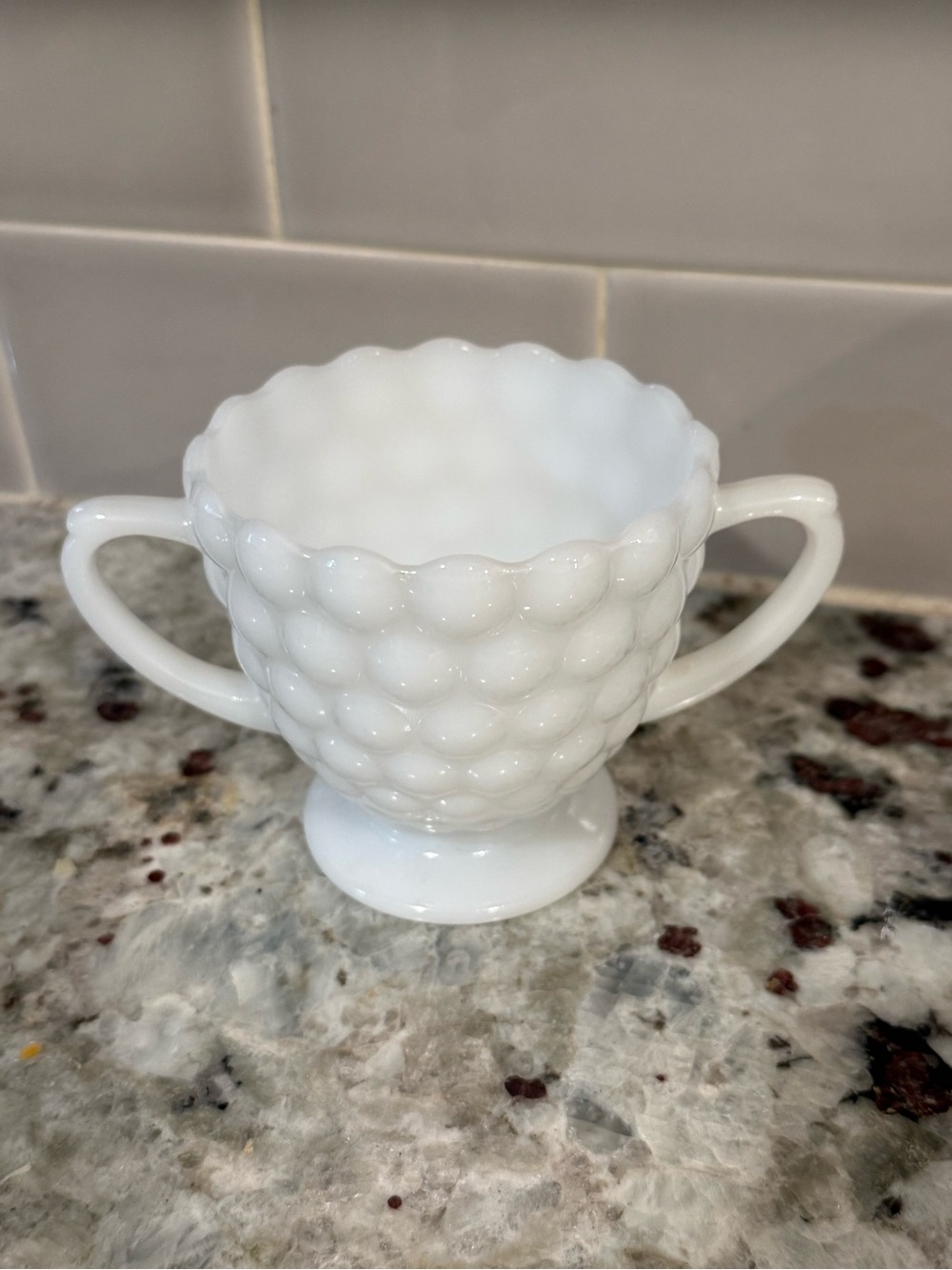 Vintage Fenton White Milk Glass Hobnail Sugar Bowl Double Handle Pedestal Base